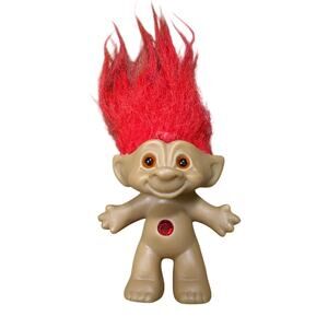 Vtg; Ace Novelty Treasure Troll Doll, Red Hair, circle Gem, 3" Tall 90s Kidcore